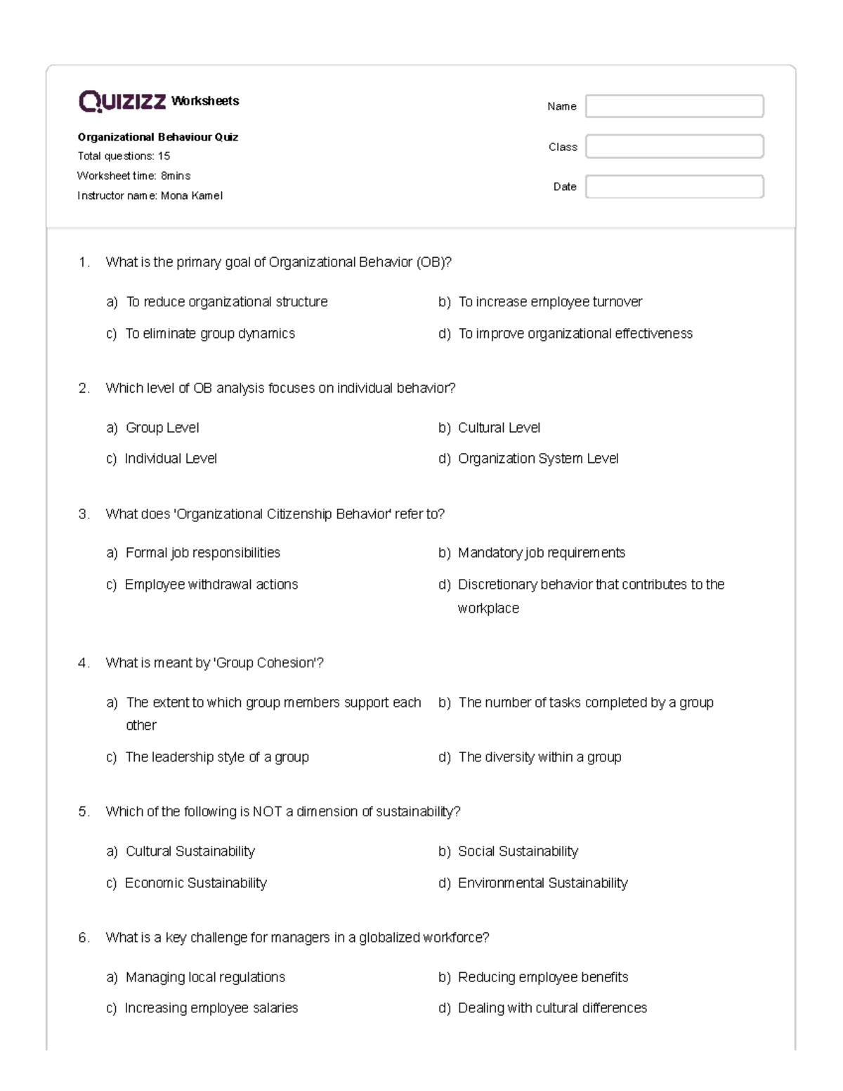 BUS1710 Organizational Behaviour Quiz: Practice Questions & Answers ...