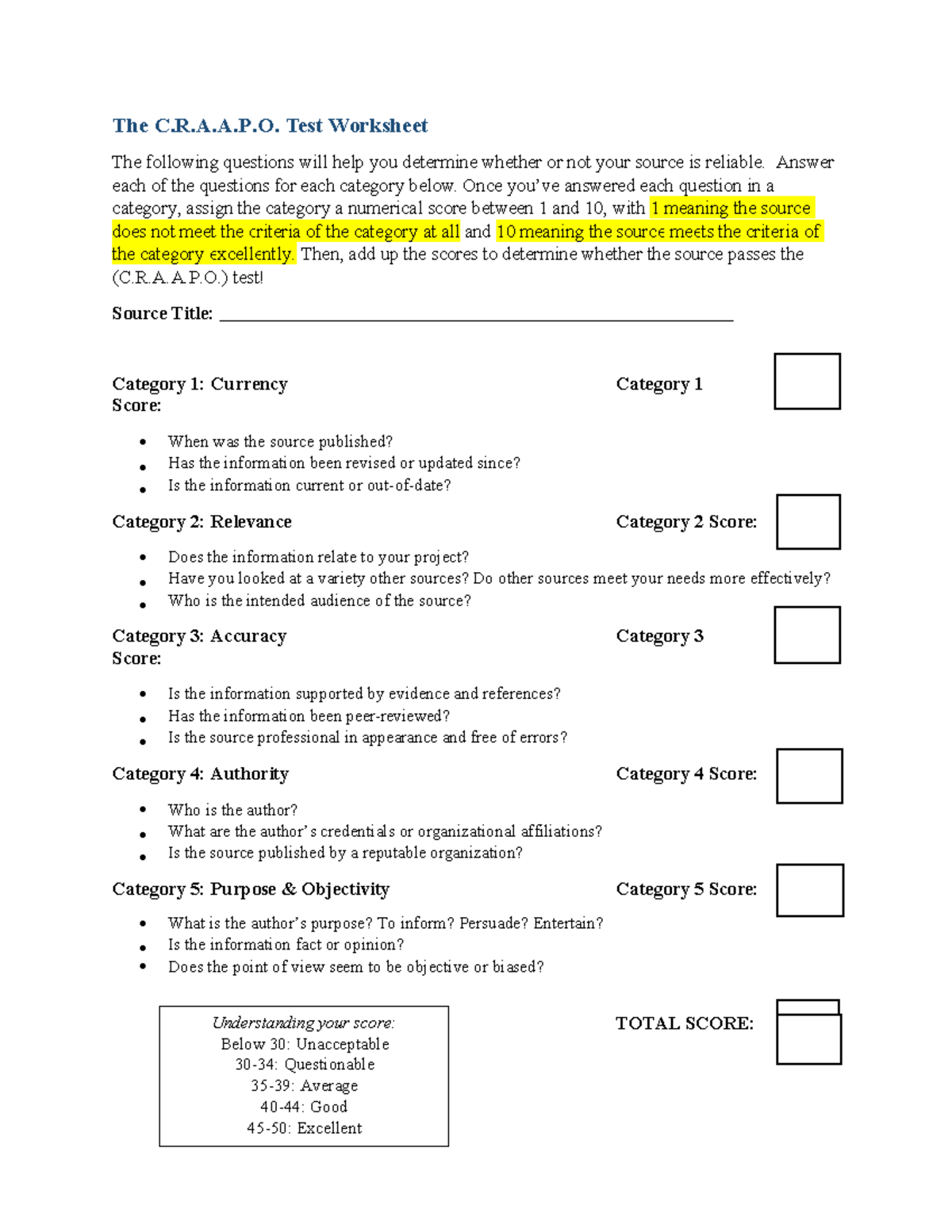 C.R.A.A.P. Test Worksheet - Homework Guide and Scoring Criteria - Studocu