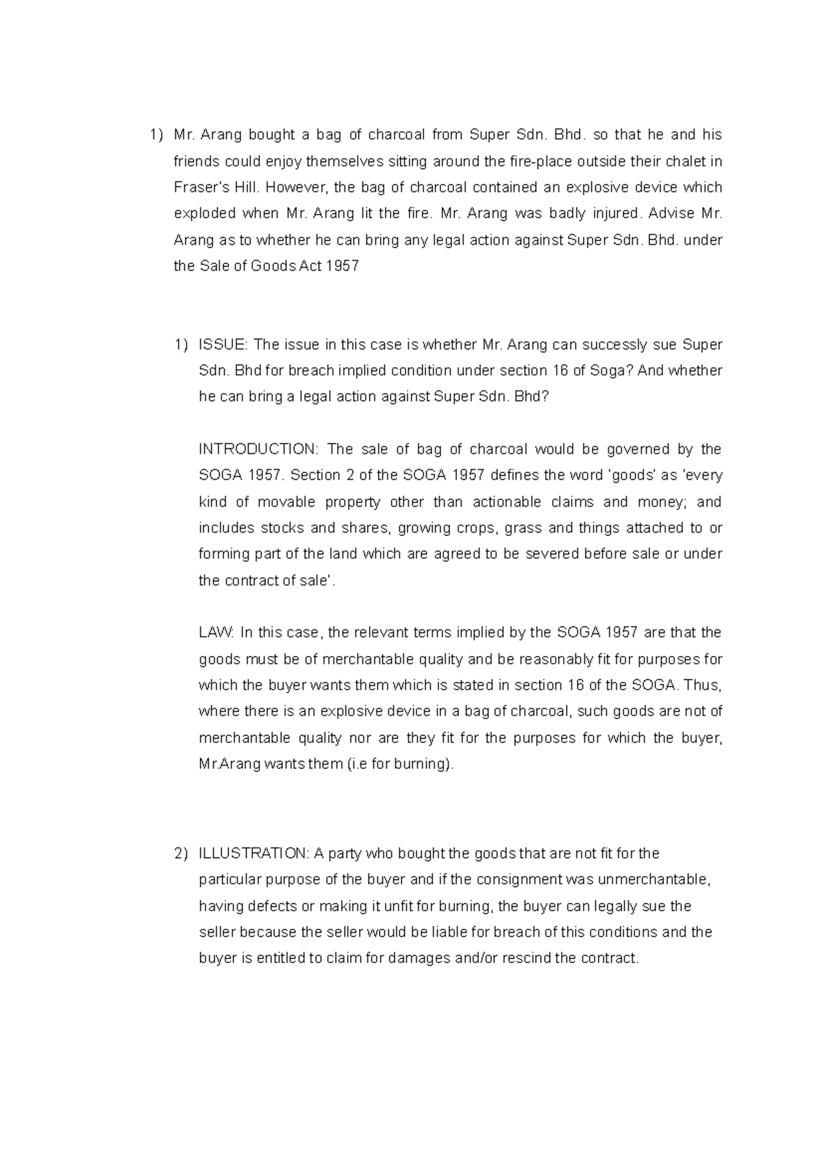 Question 2 LAW - EXAMPLE OF LAW ESSAYS - Mr. Arang bought a bag of ...