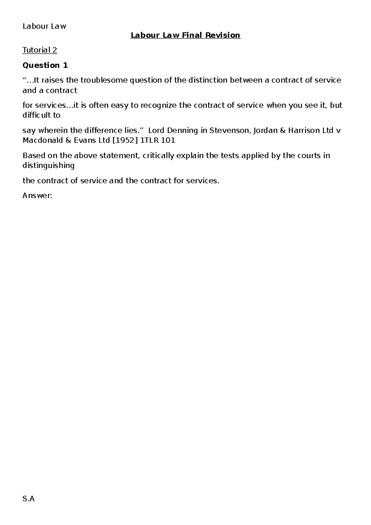 Labour Law S.A Final Revision: Key Concepts and Case Analyses - Studocu