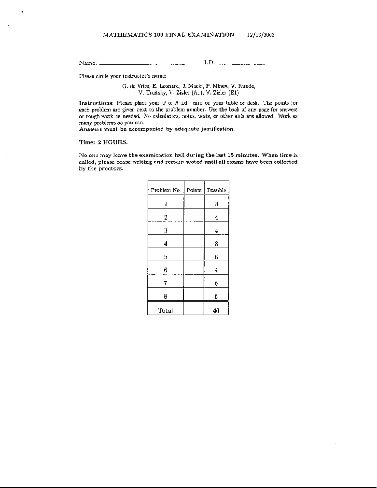 MATH 100 FINAL EXAM Fall 2003 - Comprehensive Problem Set - Studocu
