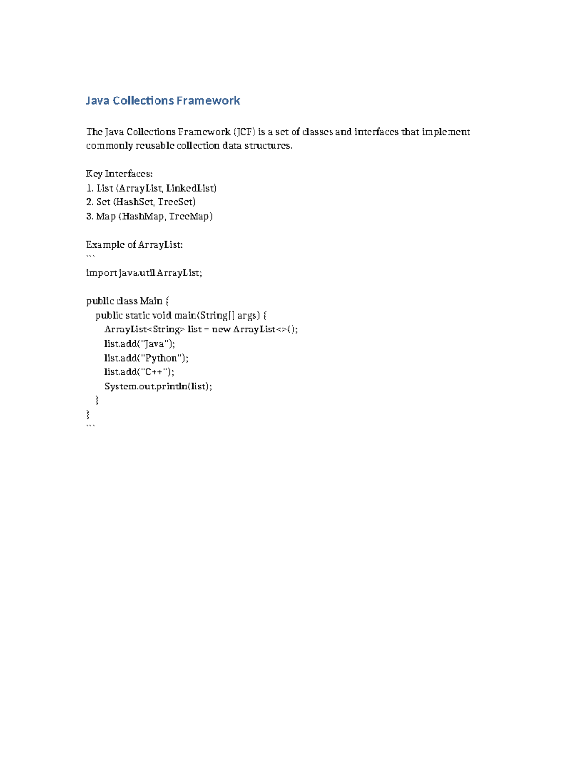 Java Collections Framework - Key Interfaces: 1. List (ArrayList ...