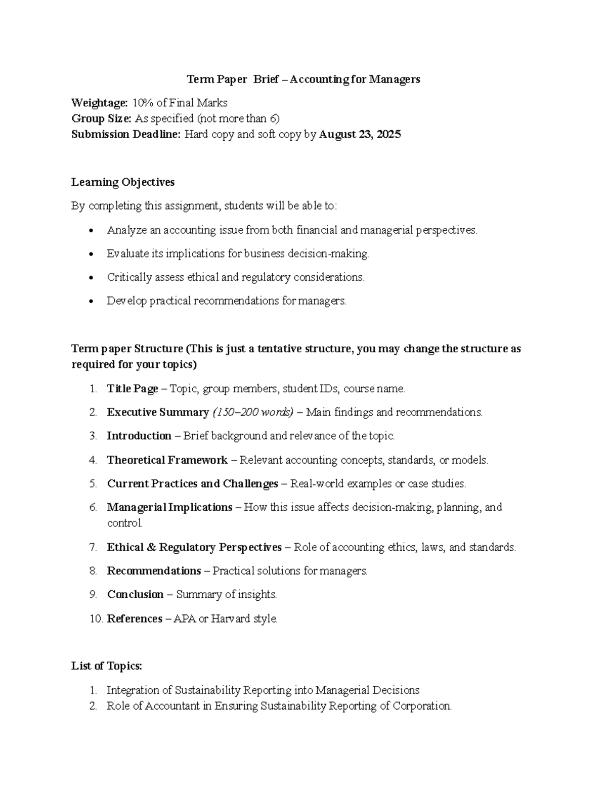 Term Paper Topics for ACC 101: Accounting for Managers - Studocu