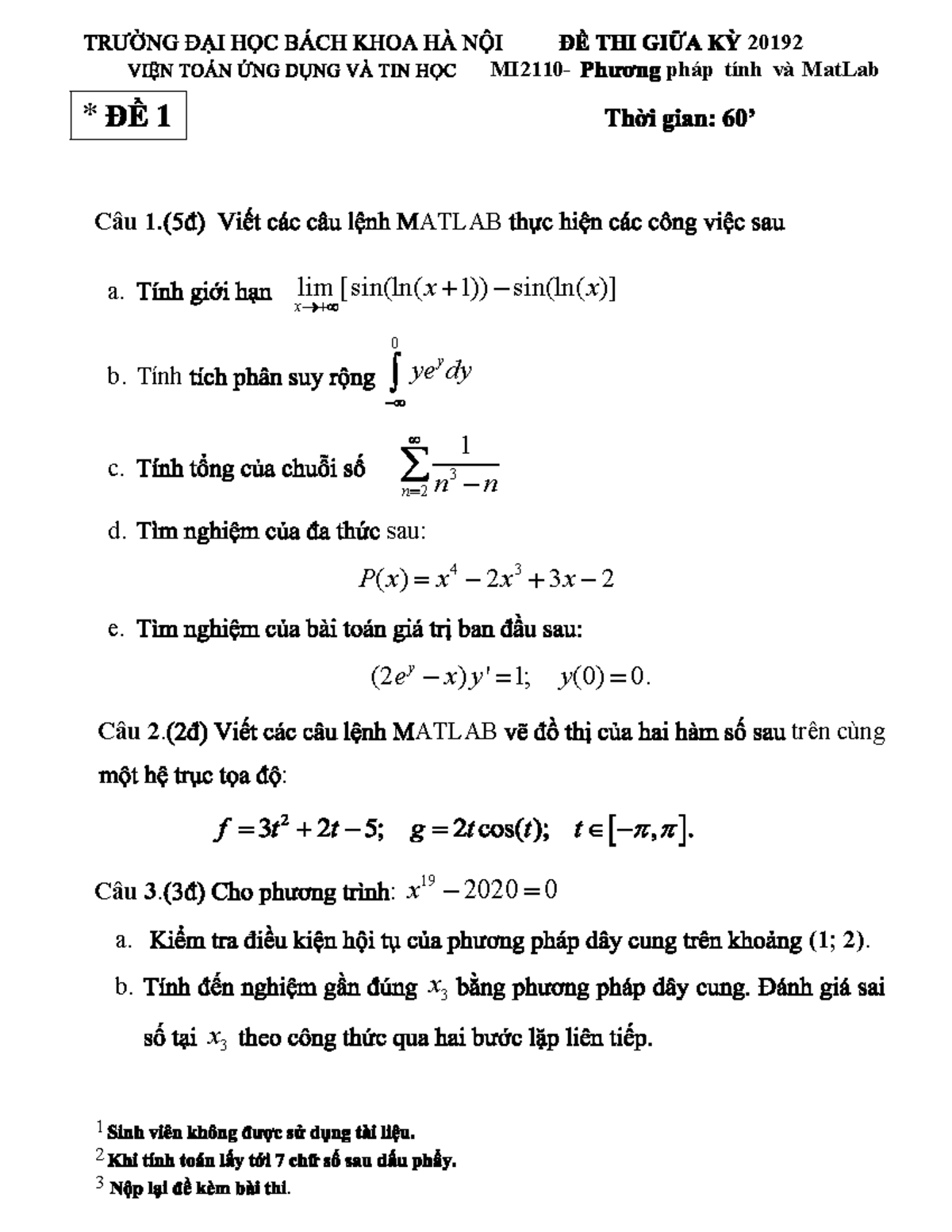 GK2019 2 - Đề thi giữa kỳ ppt và matlab hust - Phương pháp tính và ...