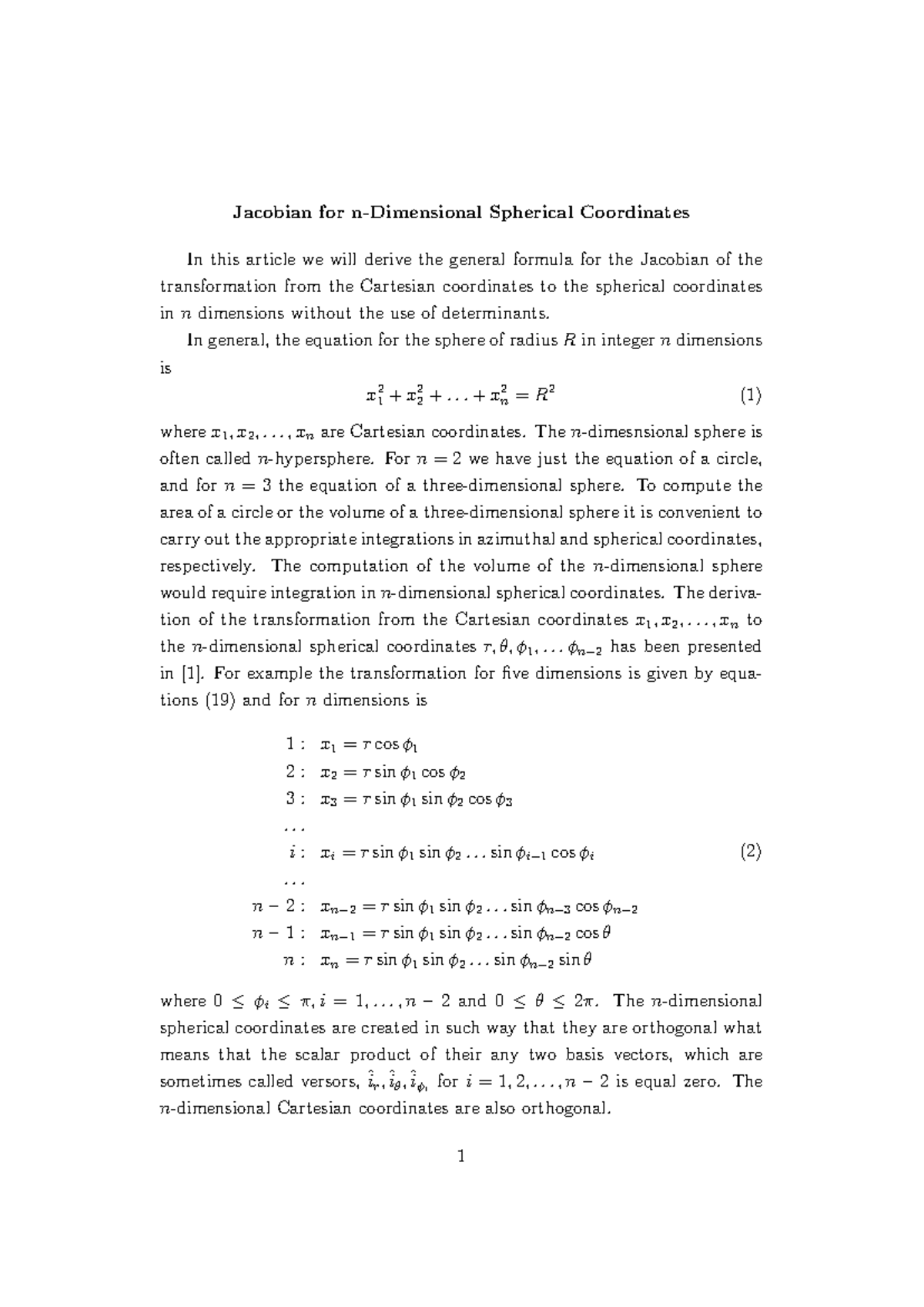N-Dimensional Spherical Coordinates: Jacobian Derivations & Formulas ...