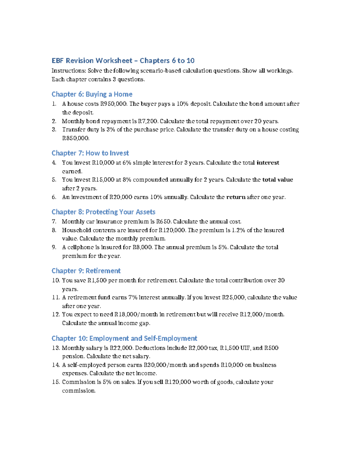 EBF Revision Worksheet: Chapters 6-10 Calculations & Solutions - Studocu