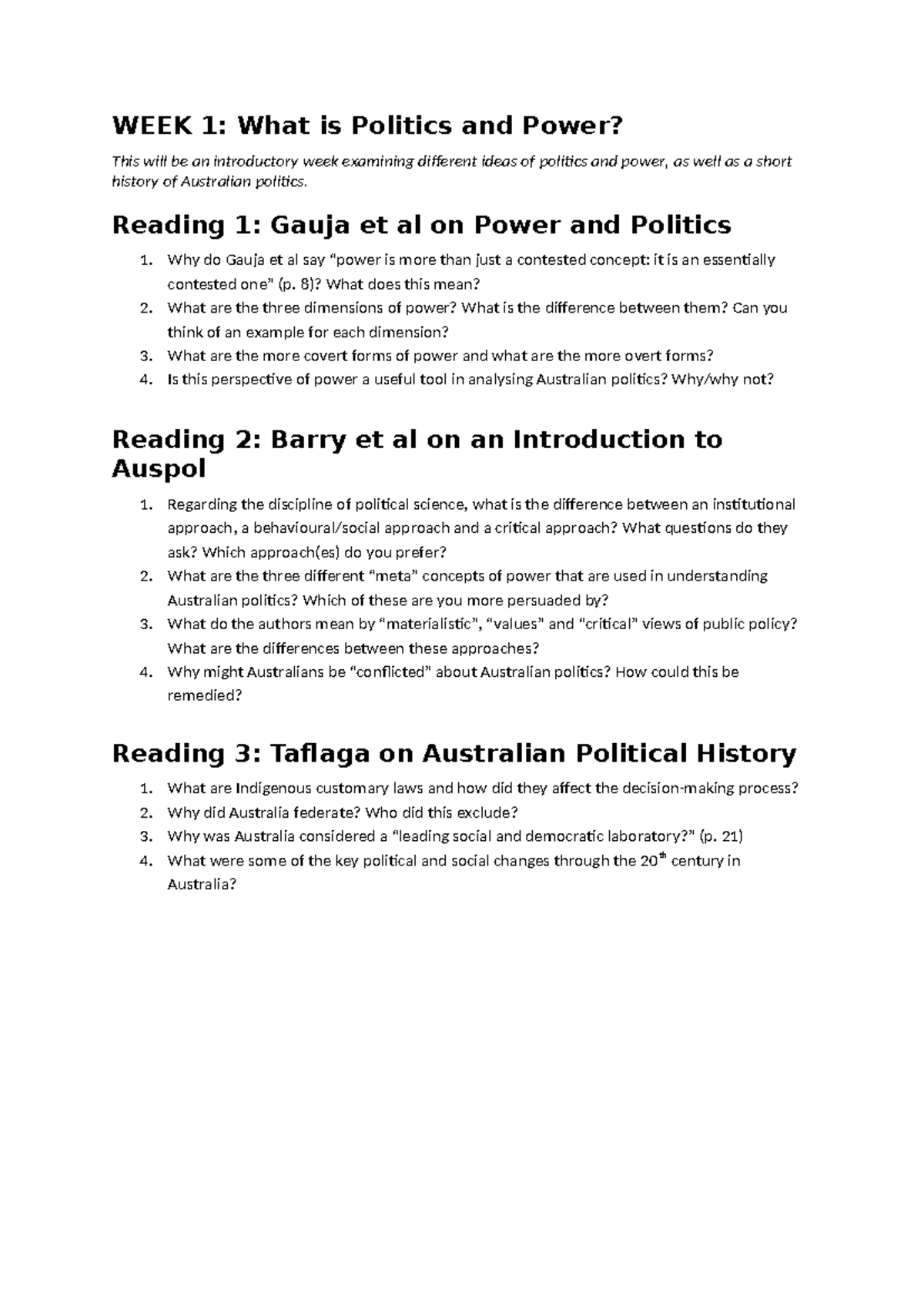 POL101: Week 1 Reading Questions on Politics and Power - Studocu
