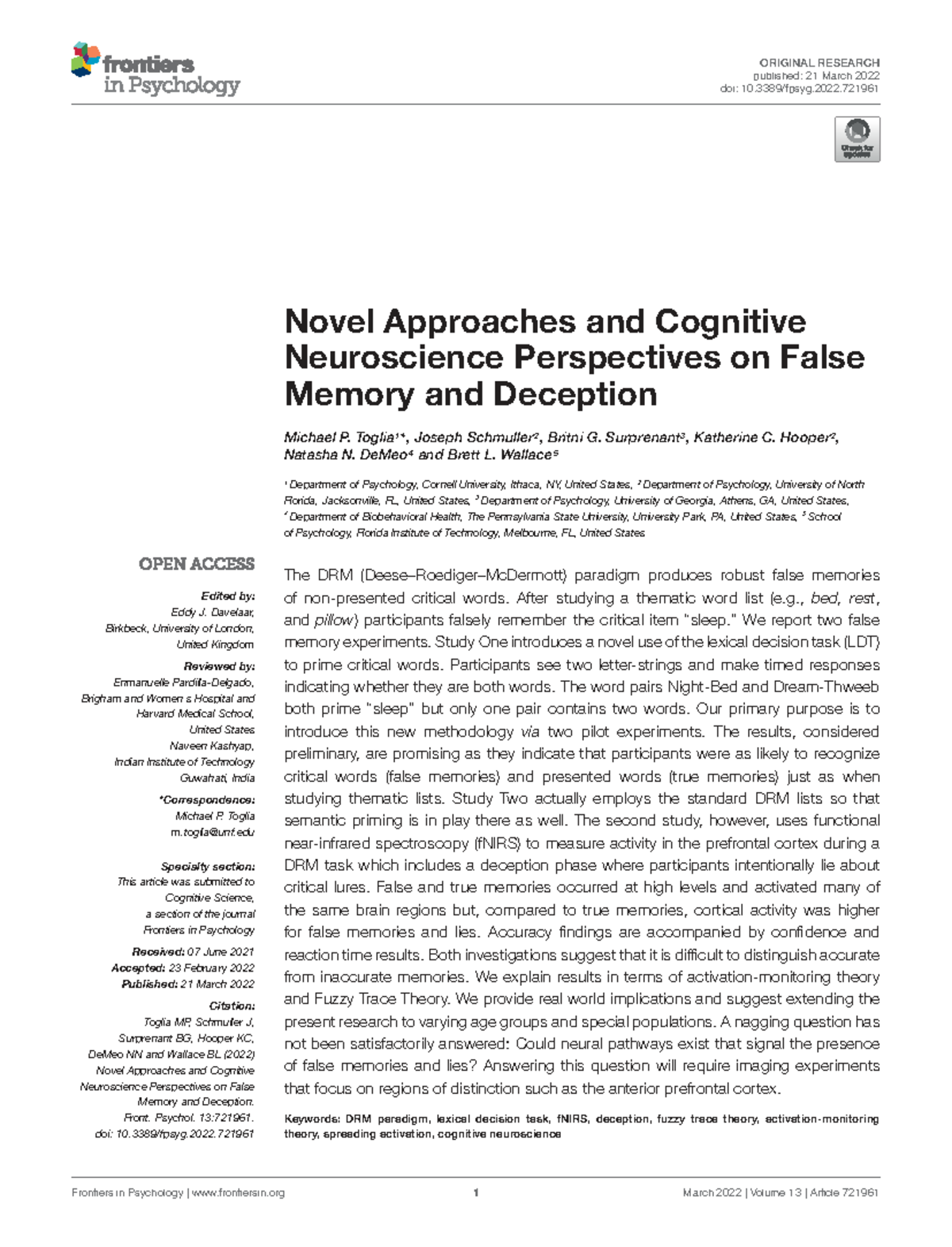2022 - Novel Approaches in Cognitive Neuroscience: False Memory ...