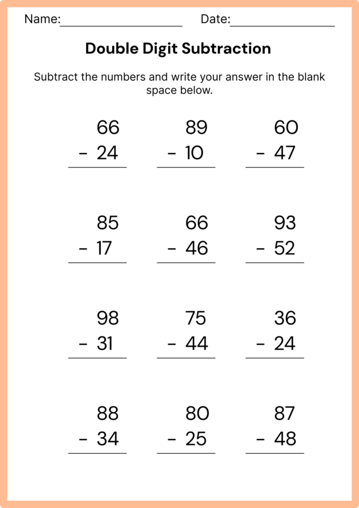 Double-Digit Subtraction Practice Worksheet – Version 3 - Name: Date ...
