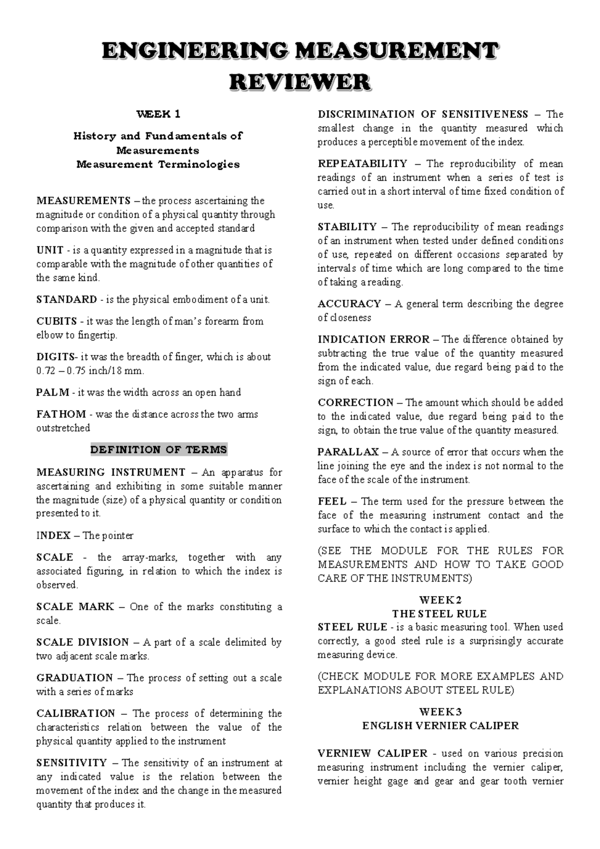 Engineering Measurement Review for Prelim Exams (ENGR 101) - Studocu