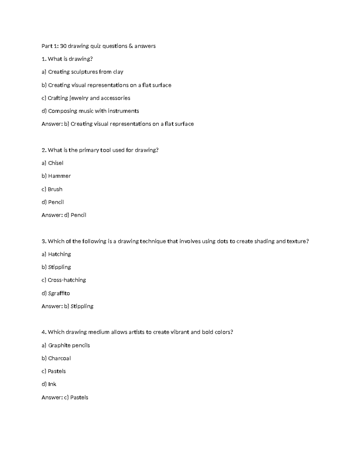 Basic Drawing Quiz Questions & Answers: Part 1 (30 Qs) - Studocu