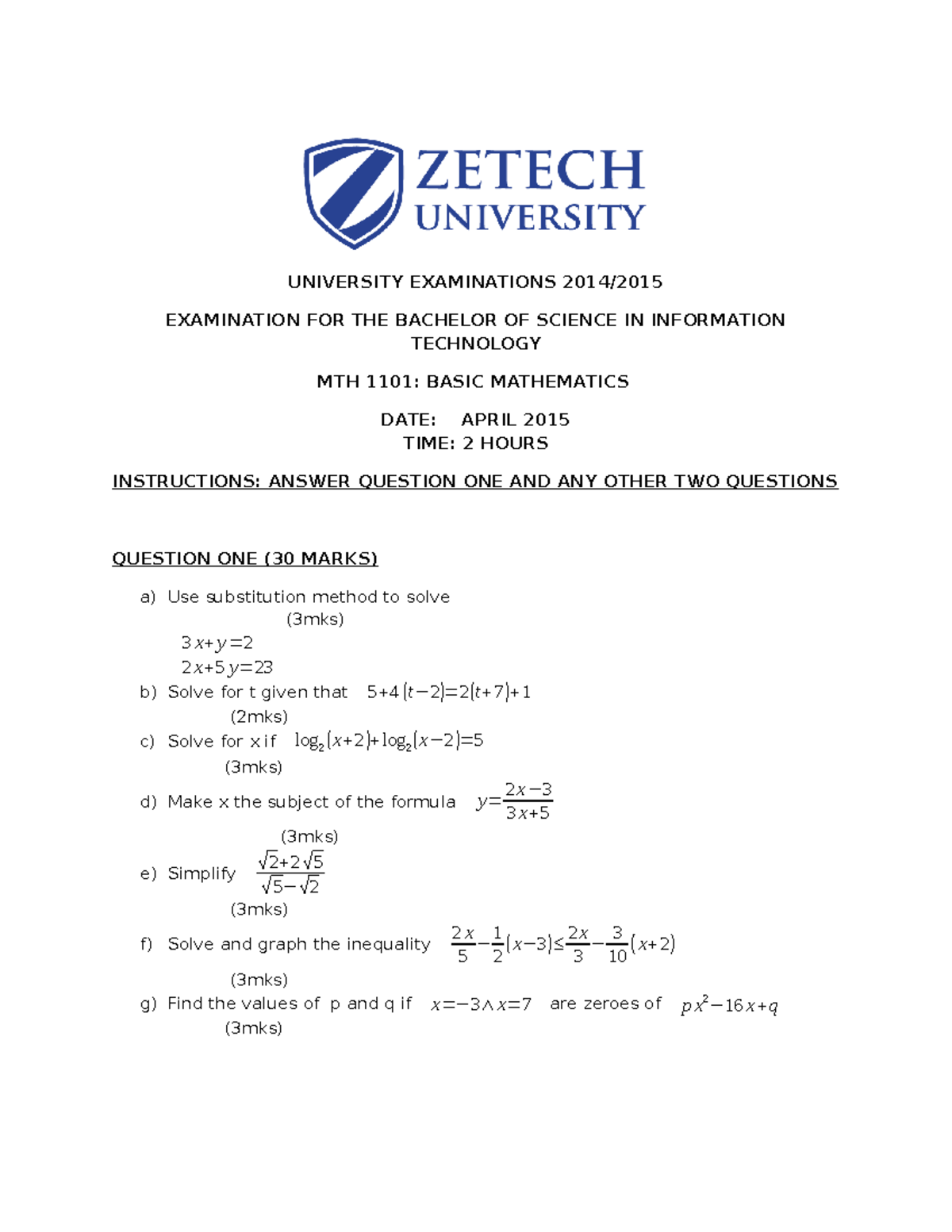 MTH 1101 Final Exam Review: Basic Mathematics 2014 Questions - Studocu