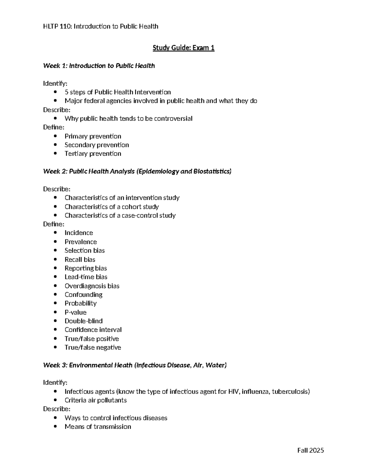 HLTP 110: Study Guide for Public Health Exam 1 - Key Concepts ...