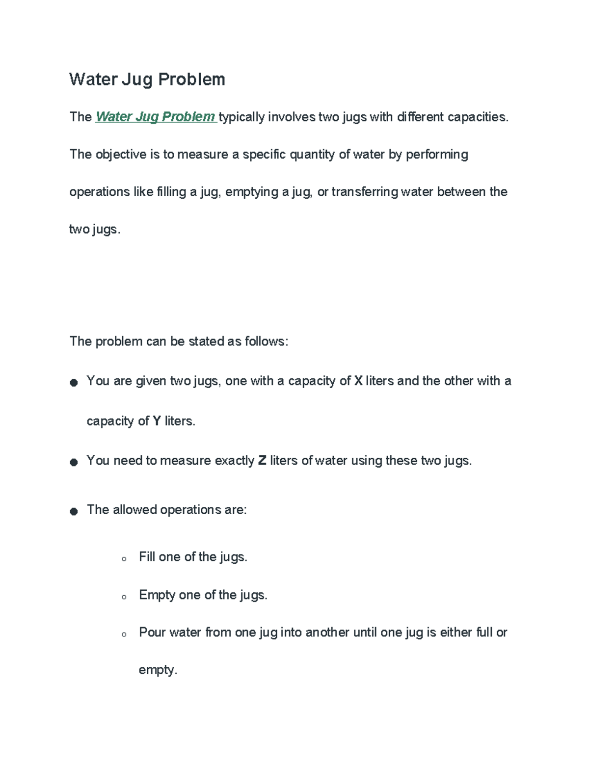 Water Jug Problem - AI Concepts & DFS Solution Notes - Studocu