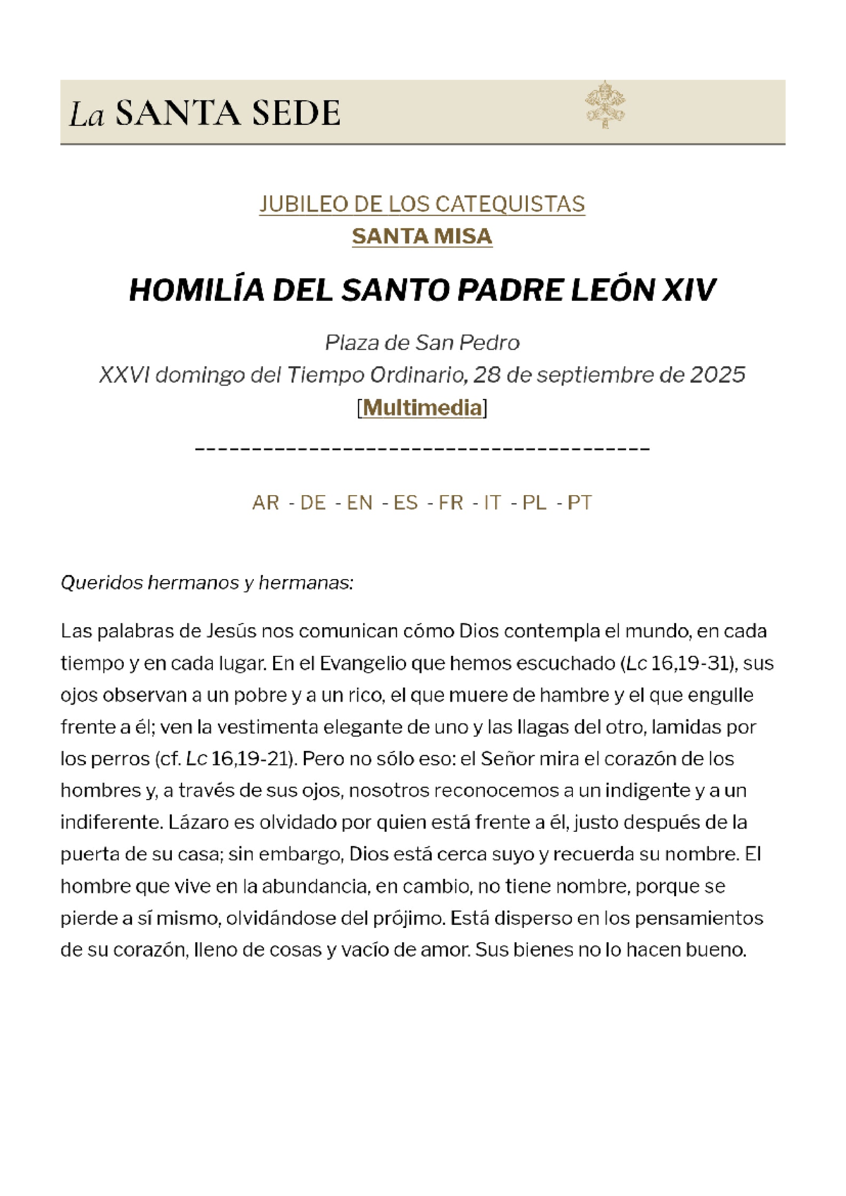 Homilía del Santo Padre León XIV en el Jubileo de los Catequistas (2025 ...