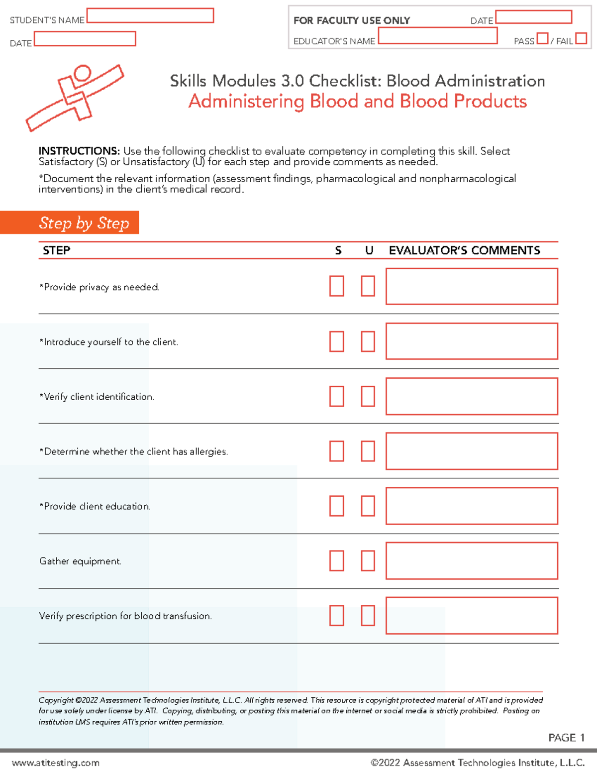 Skills Checklist for Blood Administration (Skills Modules 3.0) - Studocu