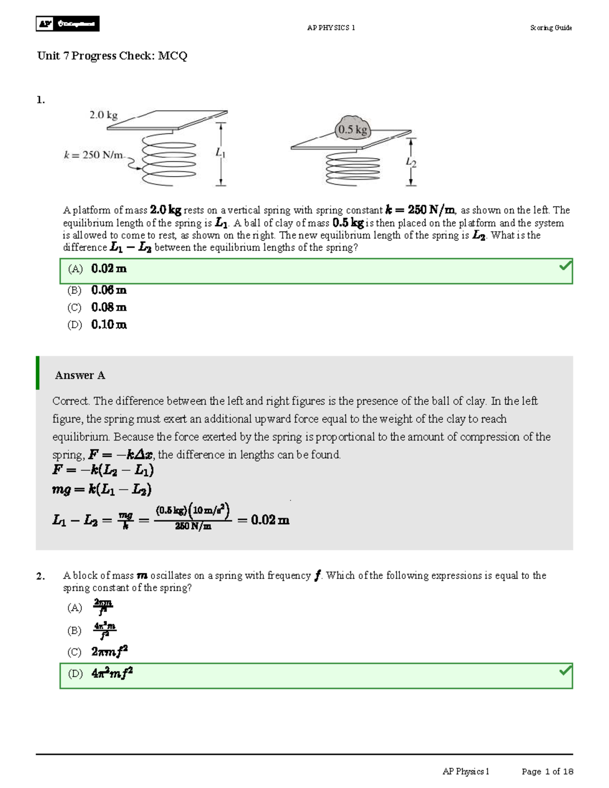 AP PHYSICS 1 Unit 7 Progress Check: MCQ Scoring Guide on Oscillations ...