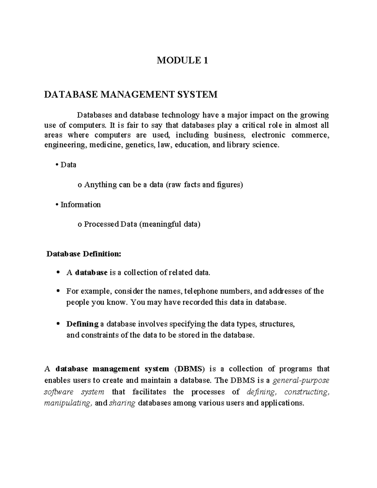 DBMS 101: Module 1 - Introduction to Database Management Systems - Studocu