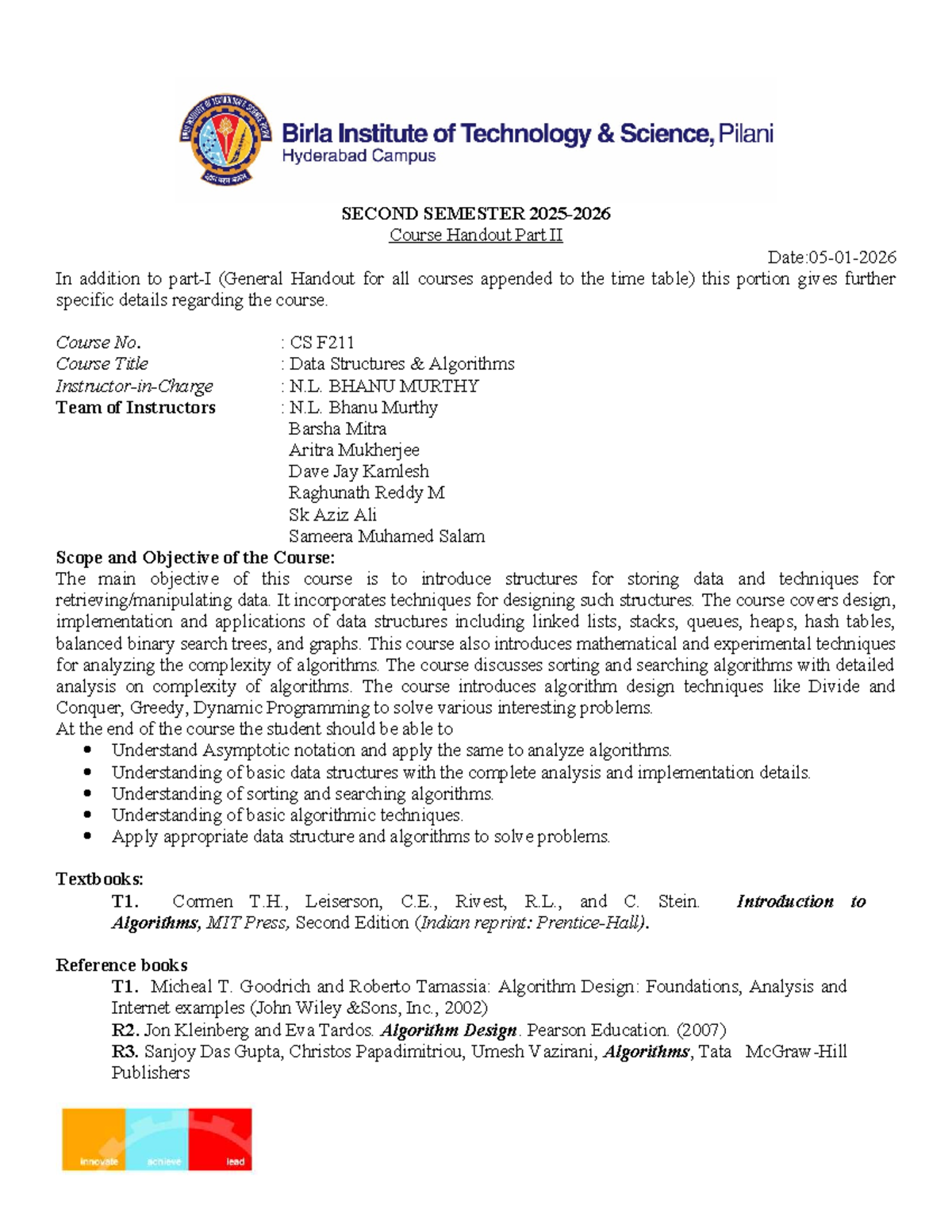 CS F211 - Data Structures & Algorithms - Final Handout - Studocu