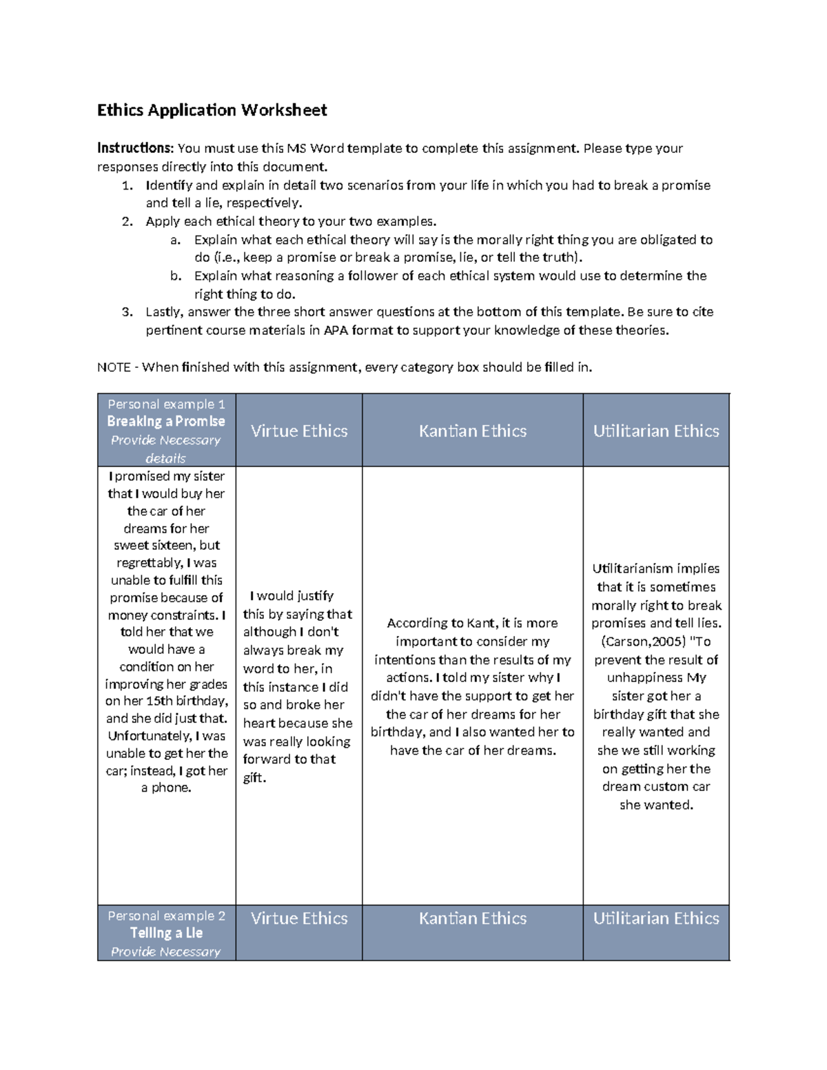 Ethics 101: Application Worksheet for Ethical Scenarios Analysis - Studocu