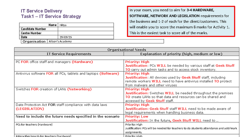 Example Template for Activity 1 Outline Servi 4 - IT Service Delivery ...