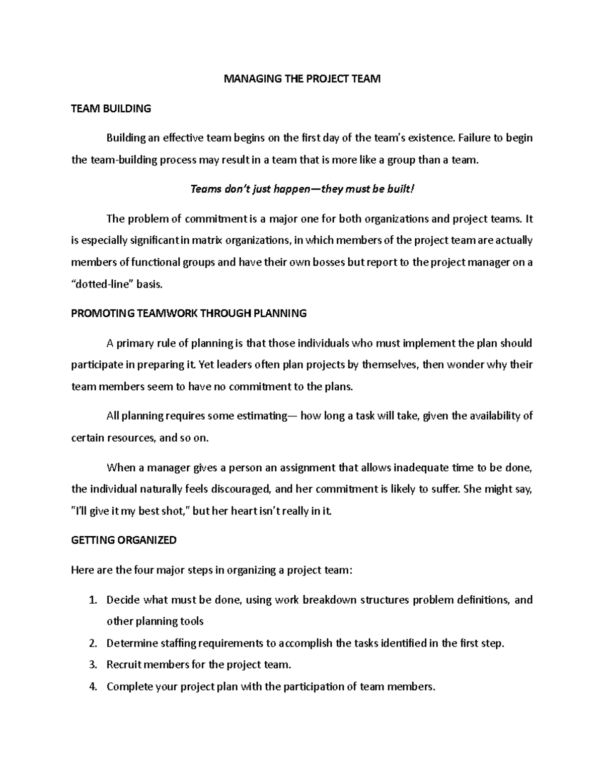 Managing the Project Team: Building Commitment and Effective ...