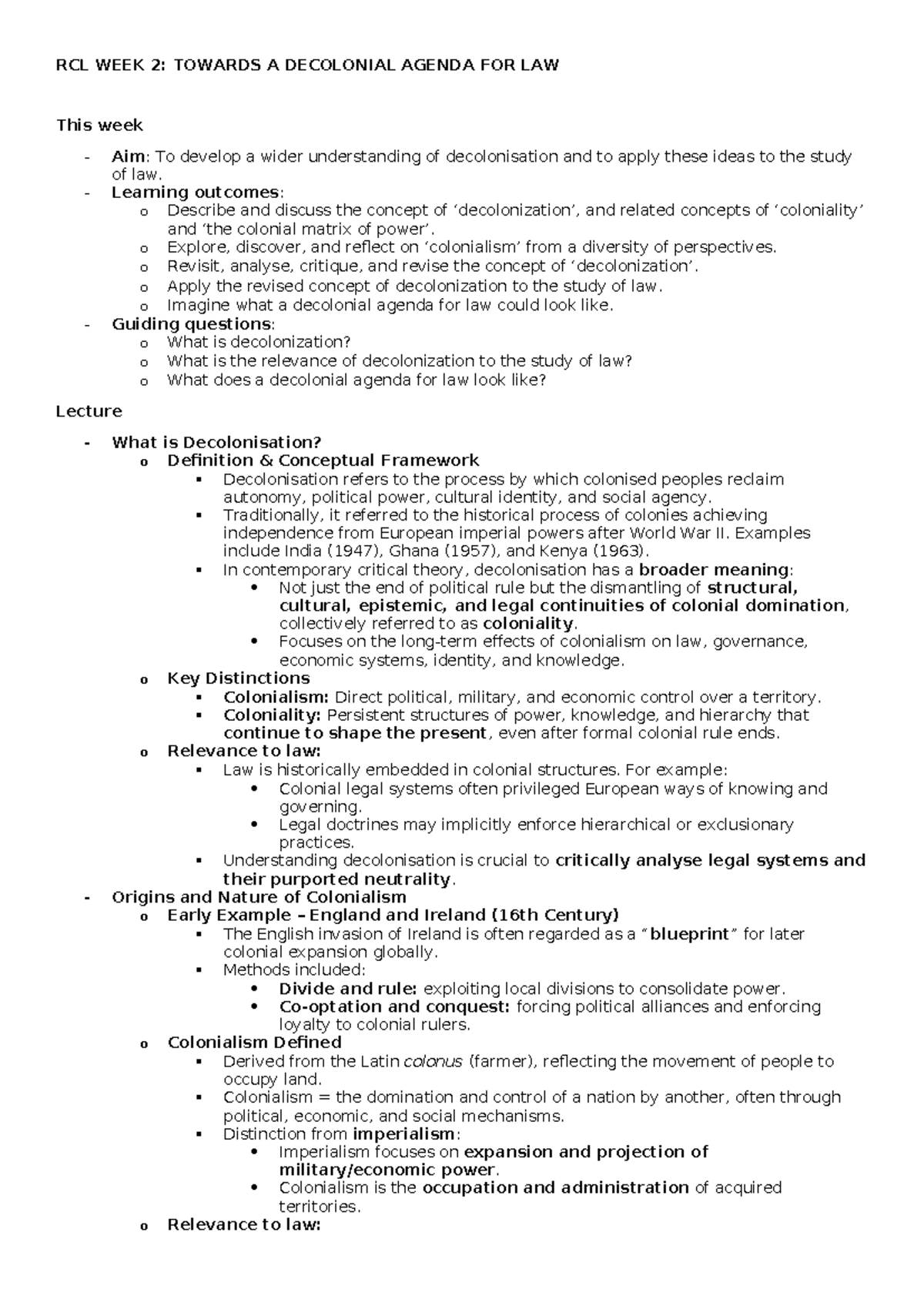 RCL 2023: WEEK 2 - Exploring a Decolonial Agenda for Law - Studocu