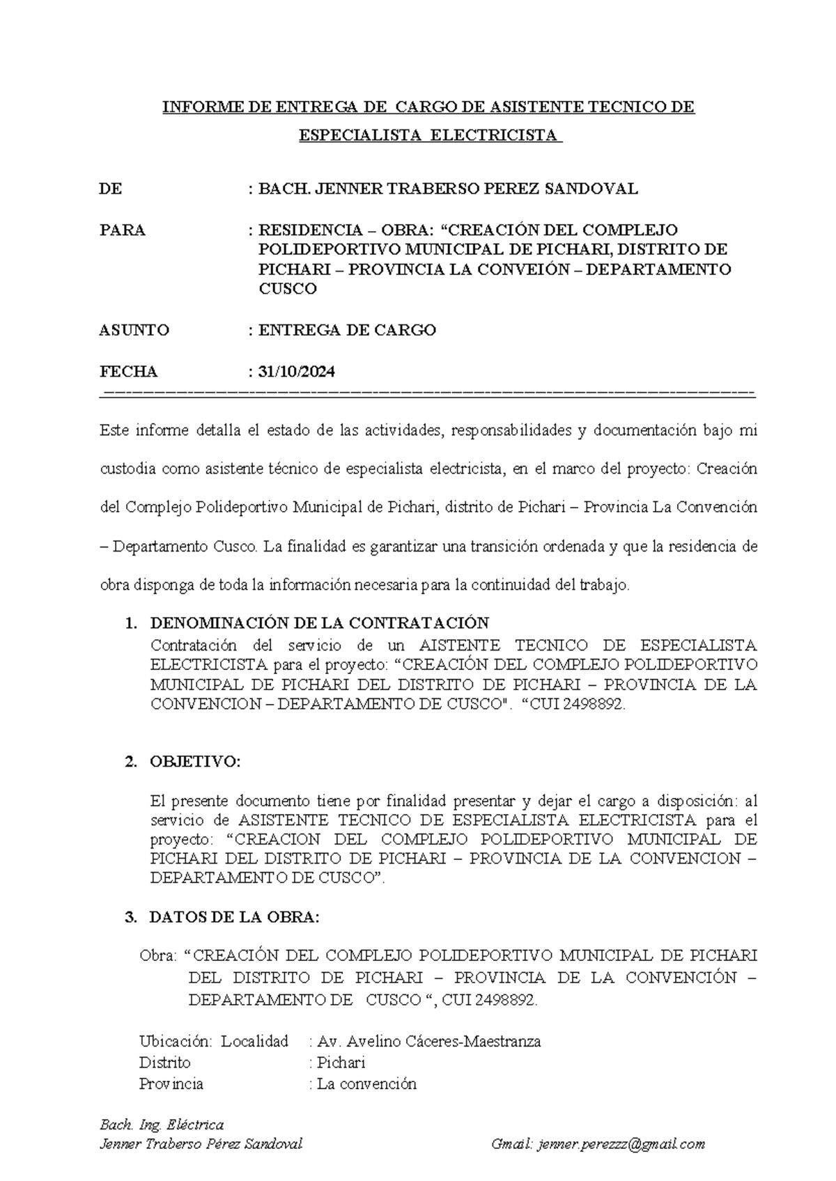 Informe de Entrega de Cargo: Asistente Técnico Electricista - CUI 2498892 - Document Preview