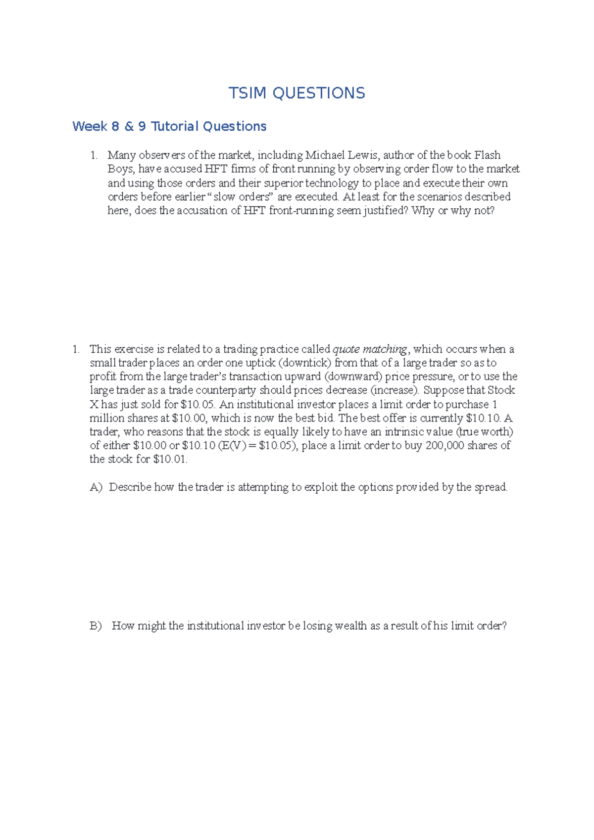 TSIM Week 8 & 9 Tutorial Questions on Trading Practices and Analysis -  Studocu