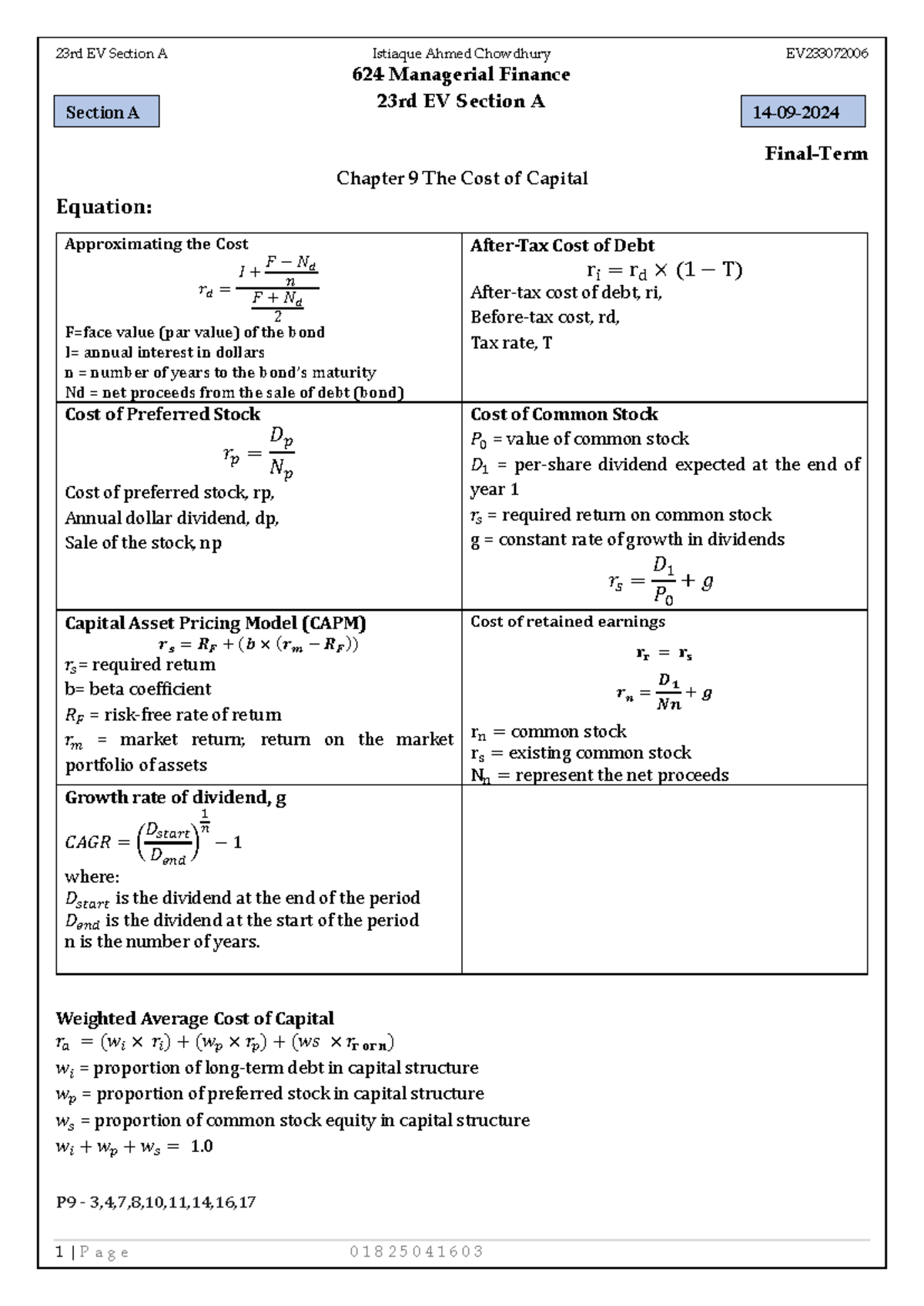 Chapter 9: The Cost of Capital - Final Exam Review (624 Managerial ...