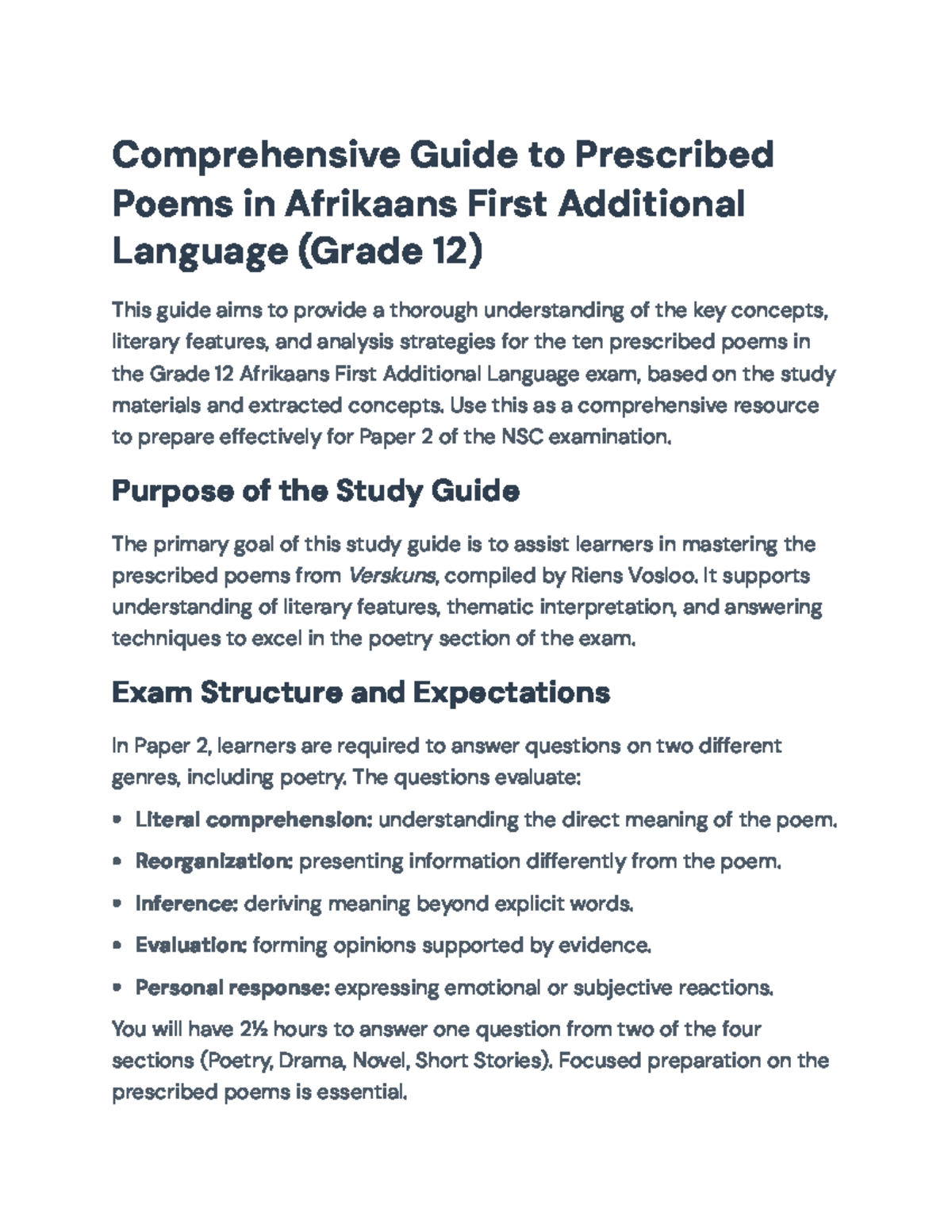 Comprehensive Study Guide for Grade 12 Afrikaans Poetry (Paper 2) - Studocu