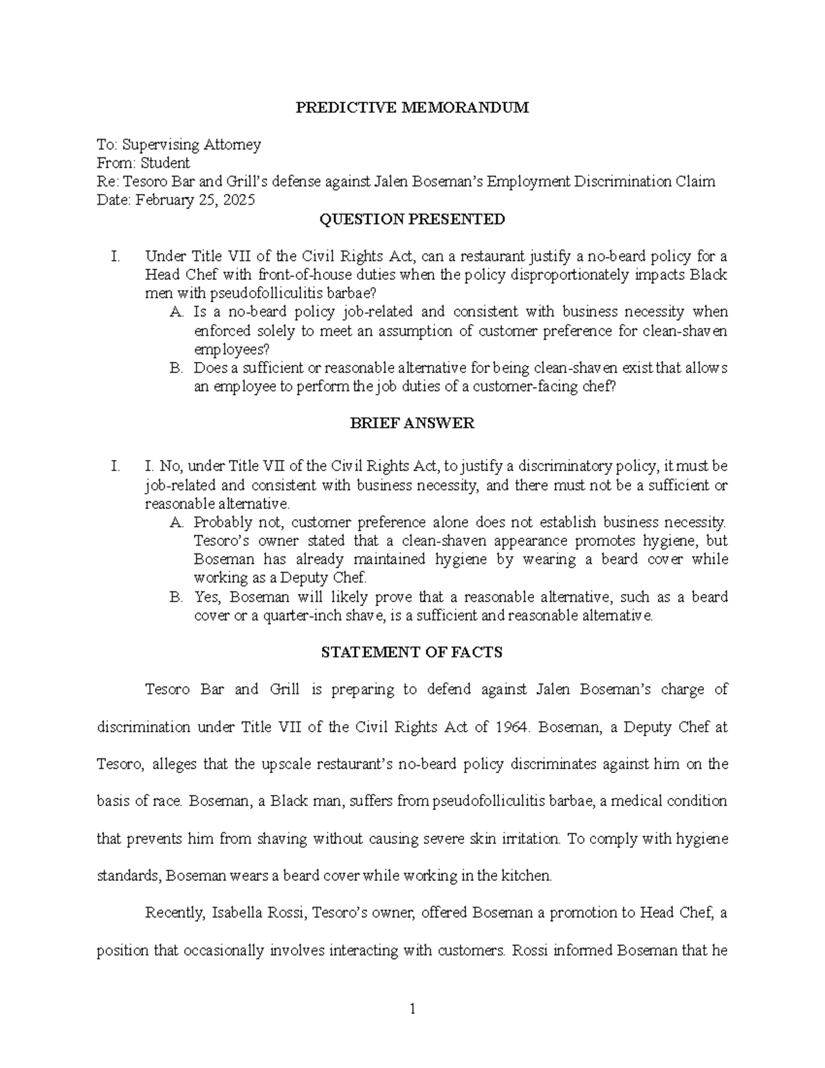 PREDICTIVE MEMO: Assessing Tesoro's No-Beard Policy Under Title VII ...