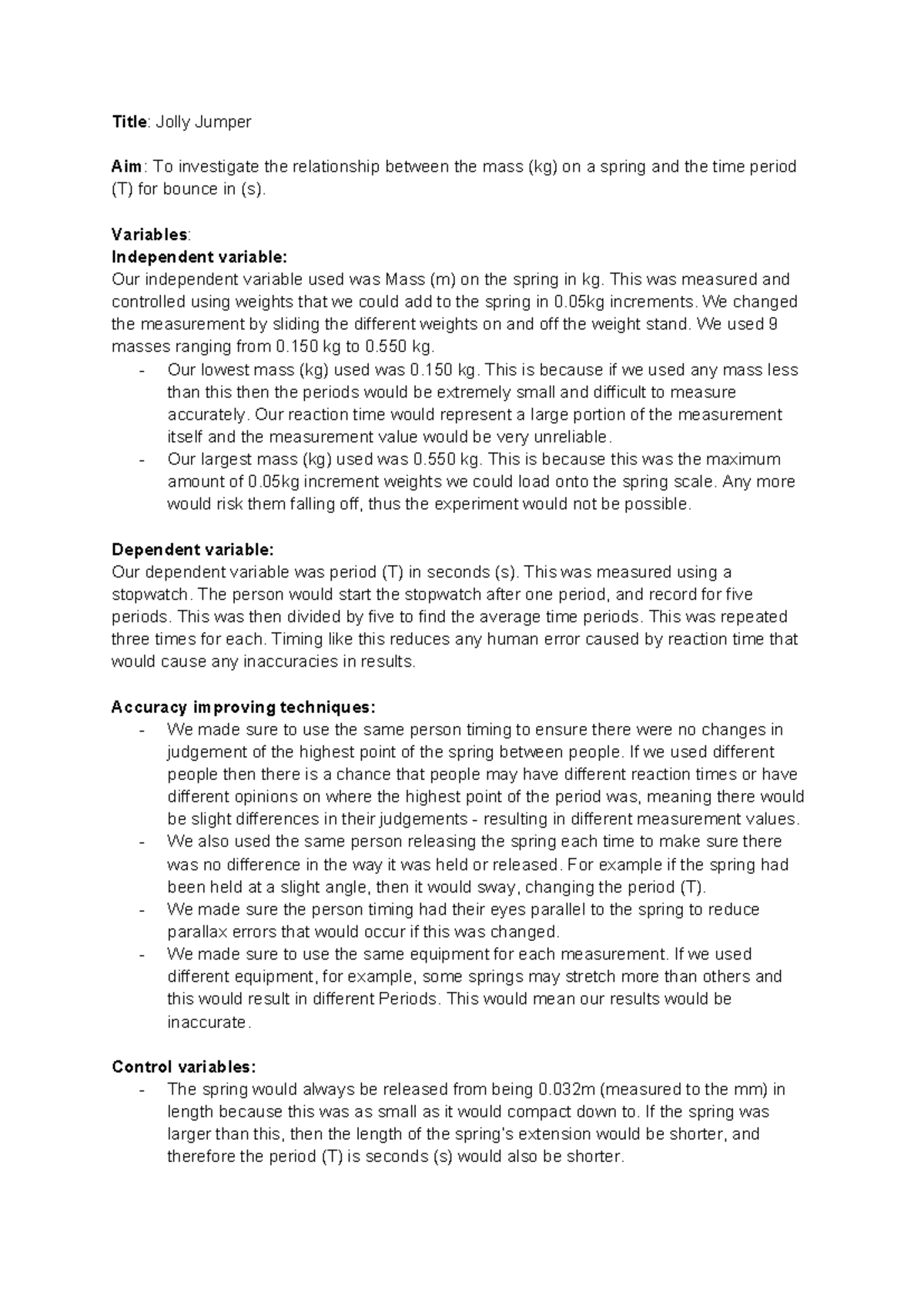 Jolly Jumper Experiment: Mass vs. Time Period Analysis (2.1) - Studocu