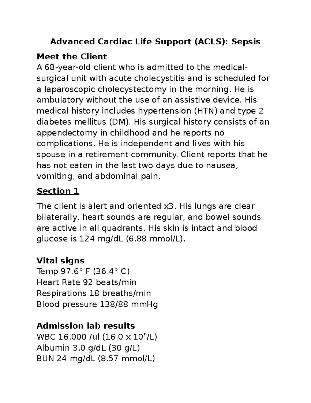 HESI Case Study 2: Sepsis & Postoperative Management for ACLS - Studocu