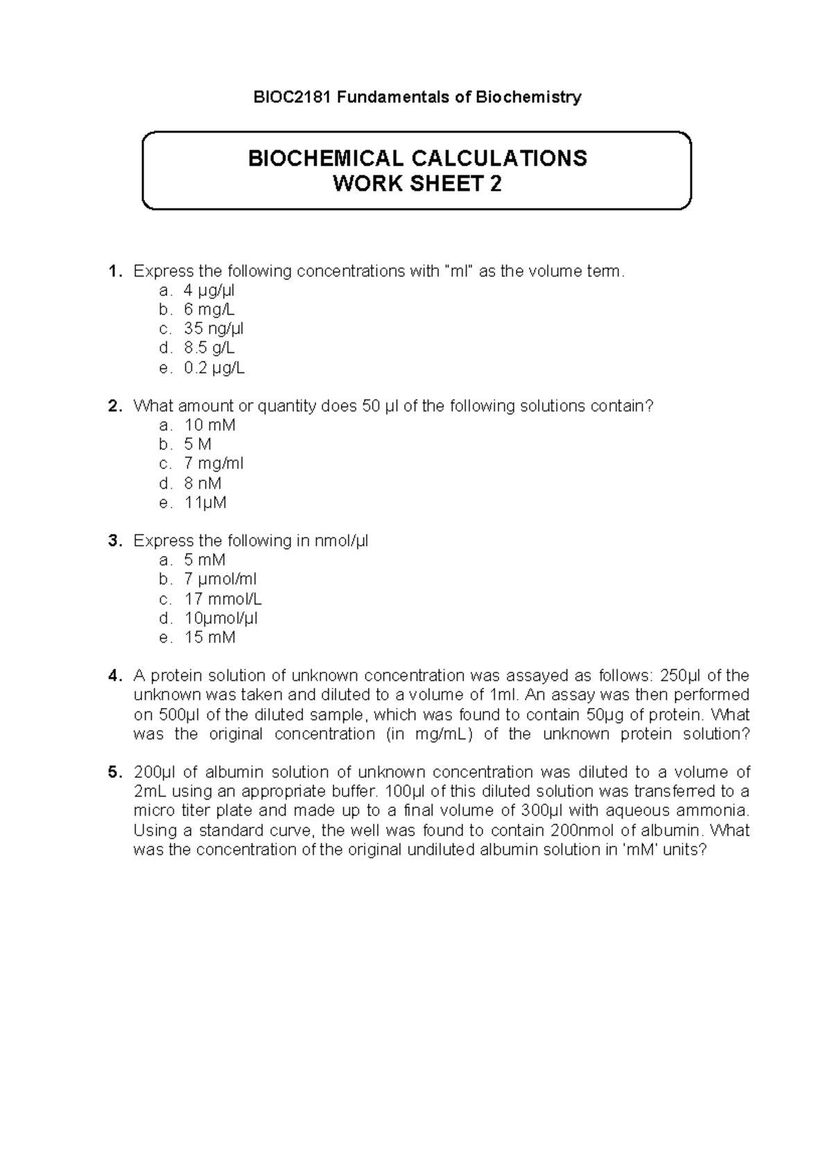 BIOC2181 Biochemical Calculations Worksheet 2: Concentration Problems ...