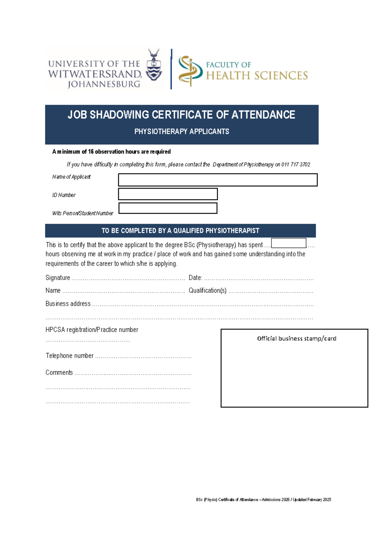 BSc (Physio) Job Shadowing Certificate of Attendance for Admissions ...