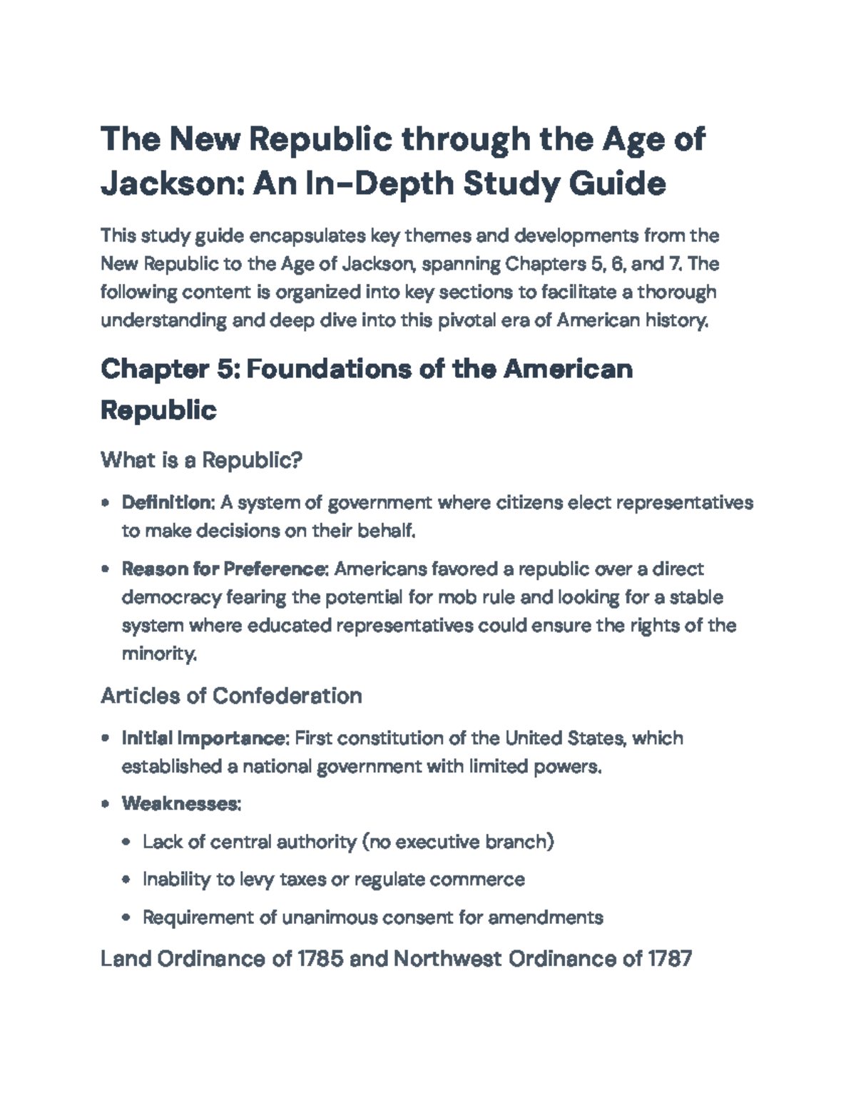 Study Guide: The New Republic through the Age of Jackson (Chapters 5-7 ...
