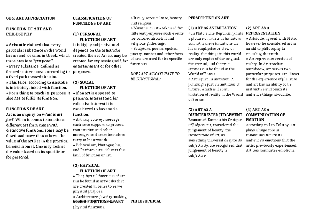 GE6: Art Appreciation - Functions of Art and Philosophy Insights - Studocu