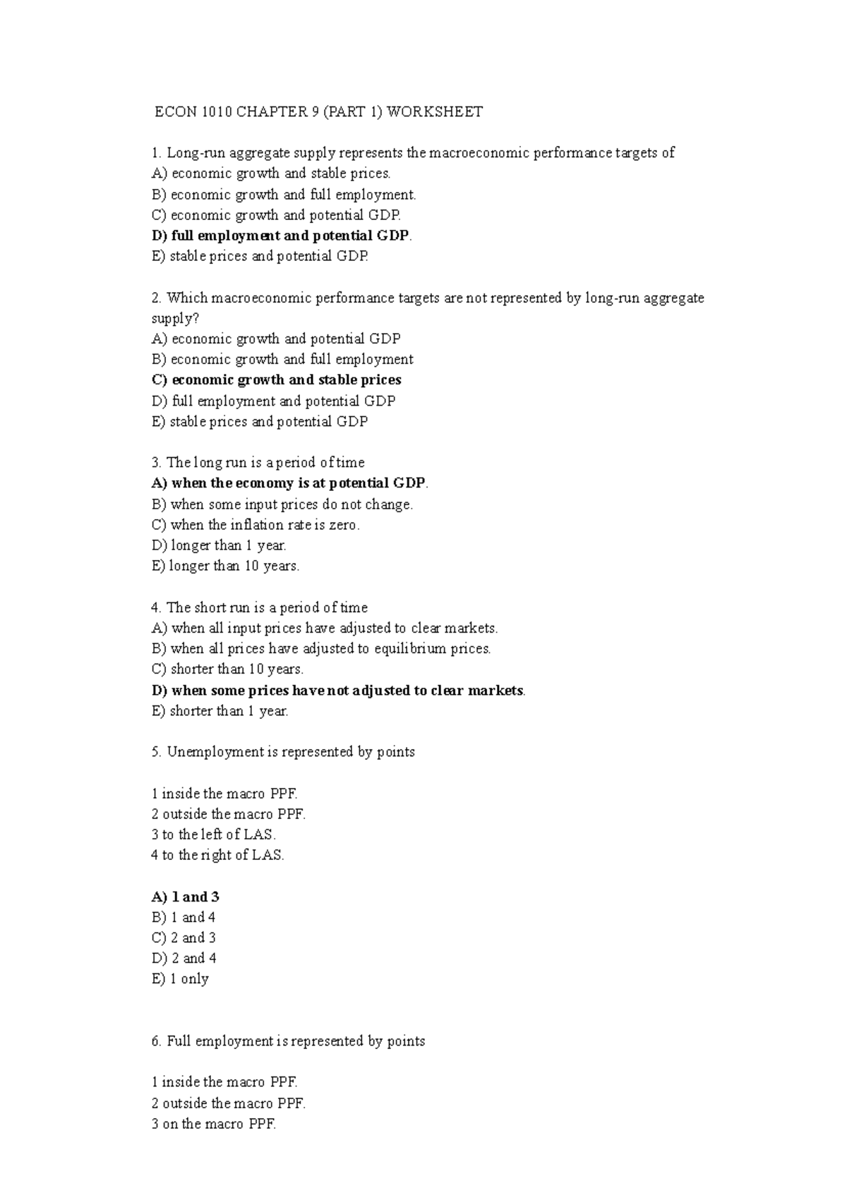 ECON 1010 CHAPTER 9 PART 1 WORKSHEET: AGGREGATE SUPPLY CONCEPTS - Studocu