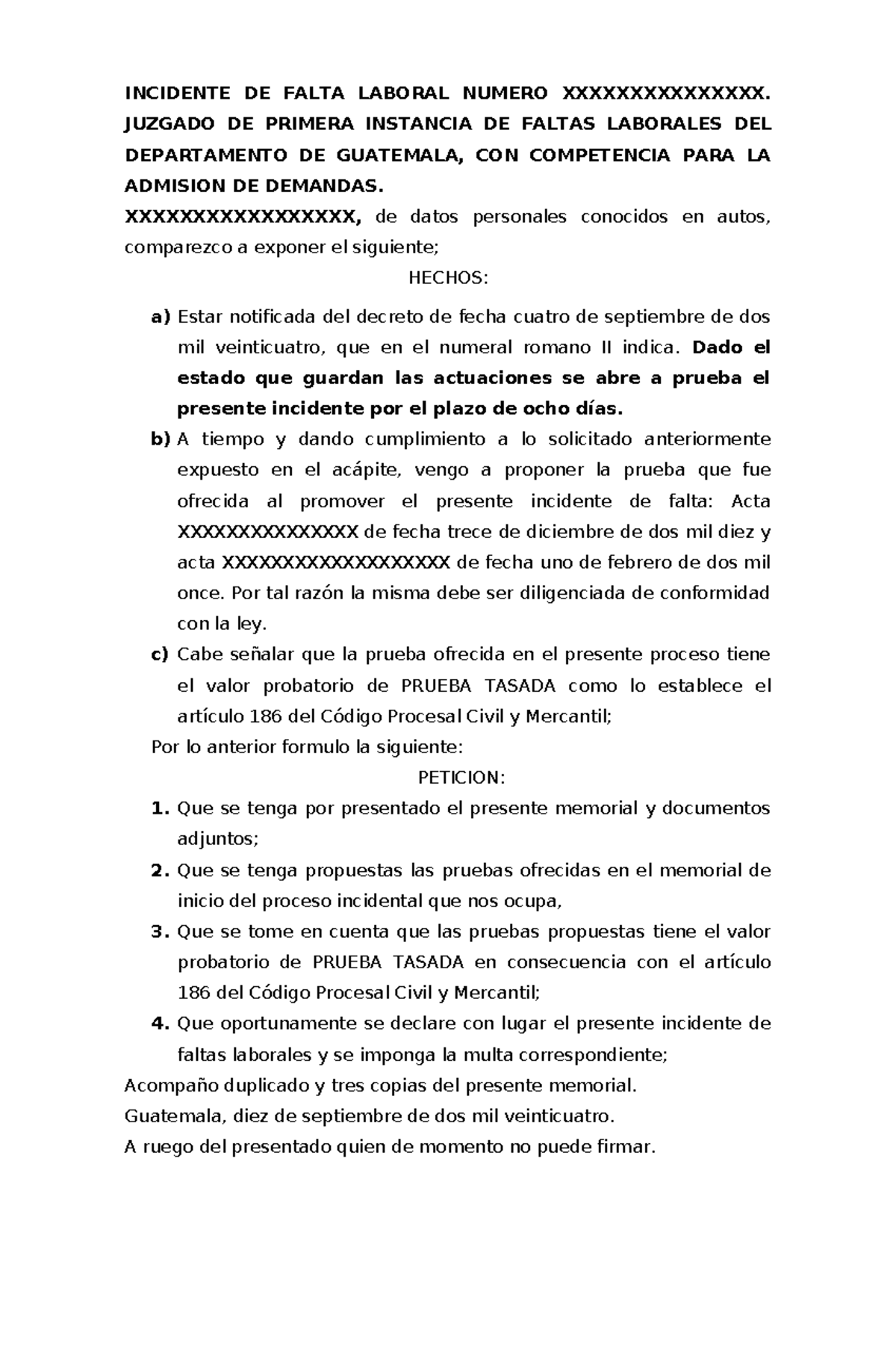 Apertura a Prueba: Incidente de Falta Laboral - Guatemala - Studocu
