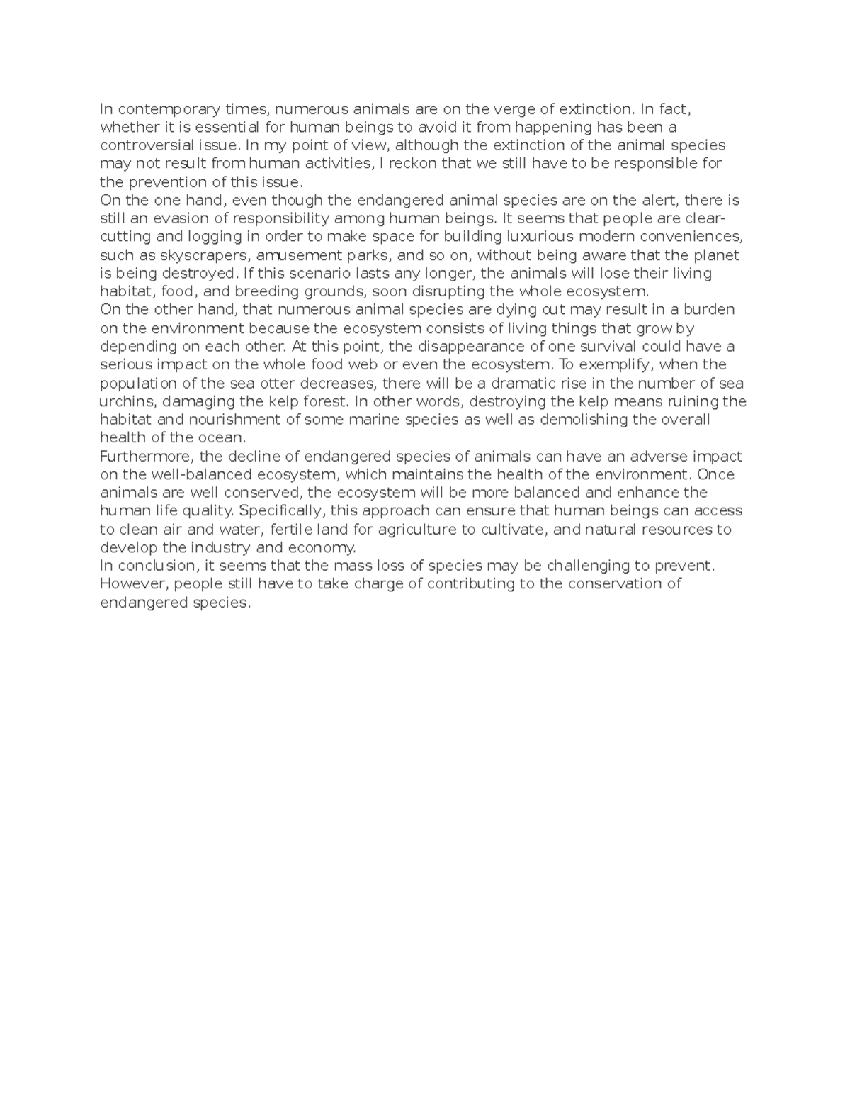 EN - Essay on Animal Extinction and Environmental Impact - Studocu