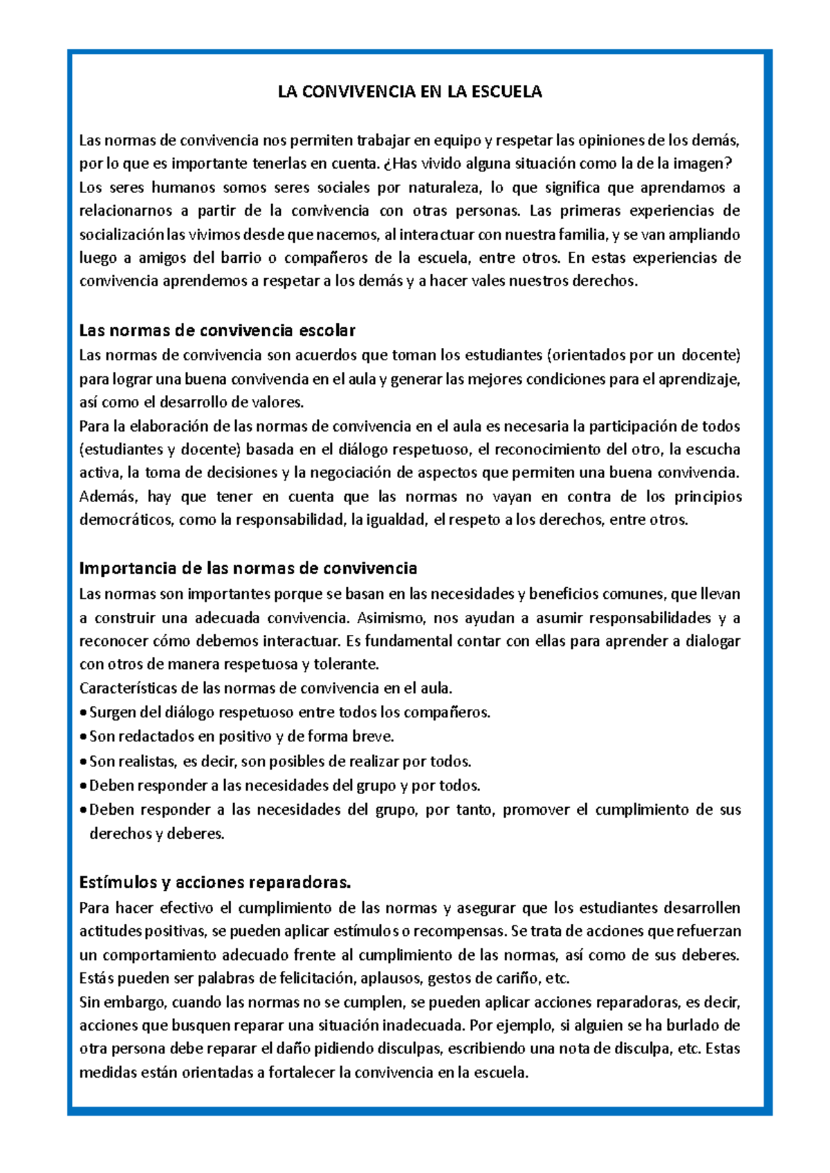 Normas de Convivencia en la Escuela: Ficha de Estudio - Studocu