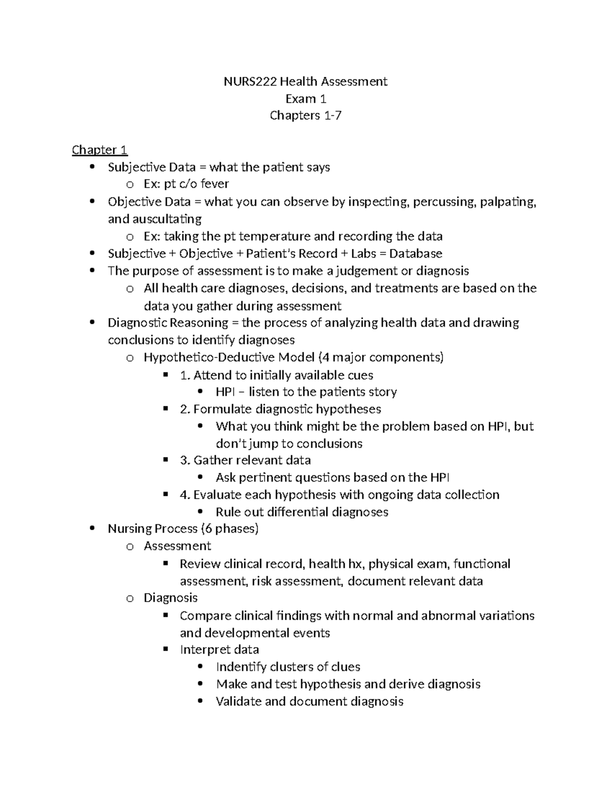 NURS222 Exam 1 Study Guide - NURS222 Health Assessment Exam 1 Chapters ...