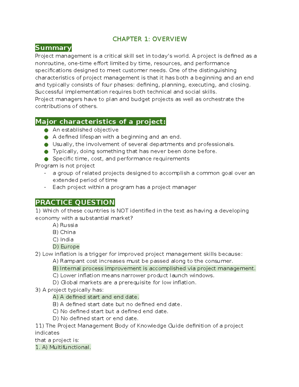 Final Review: Chapter 1 Overview - Project Management Essentials - Studocu