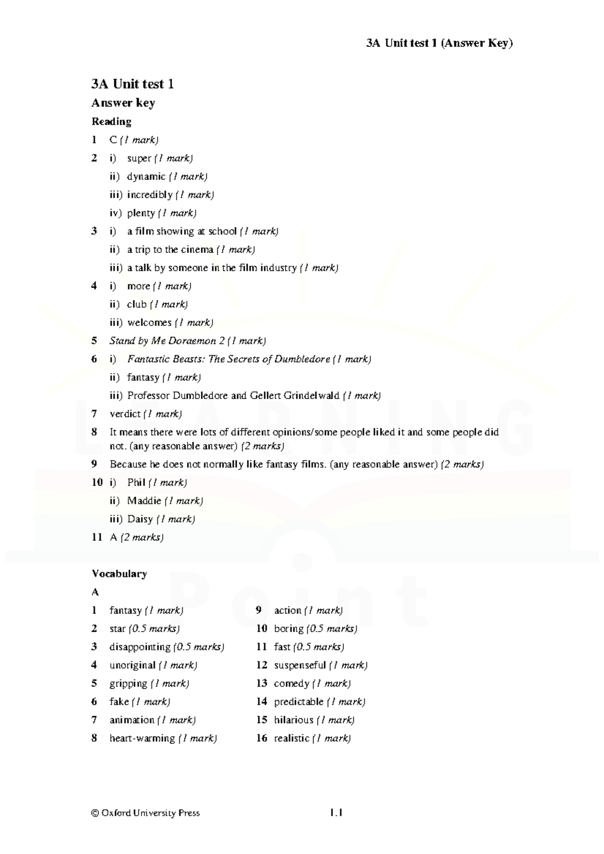 3A Unit Test 1 (Answer Key) - Comprehensive Review - Studocu