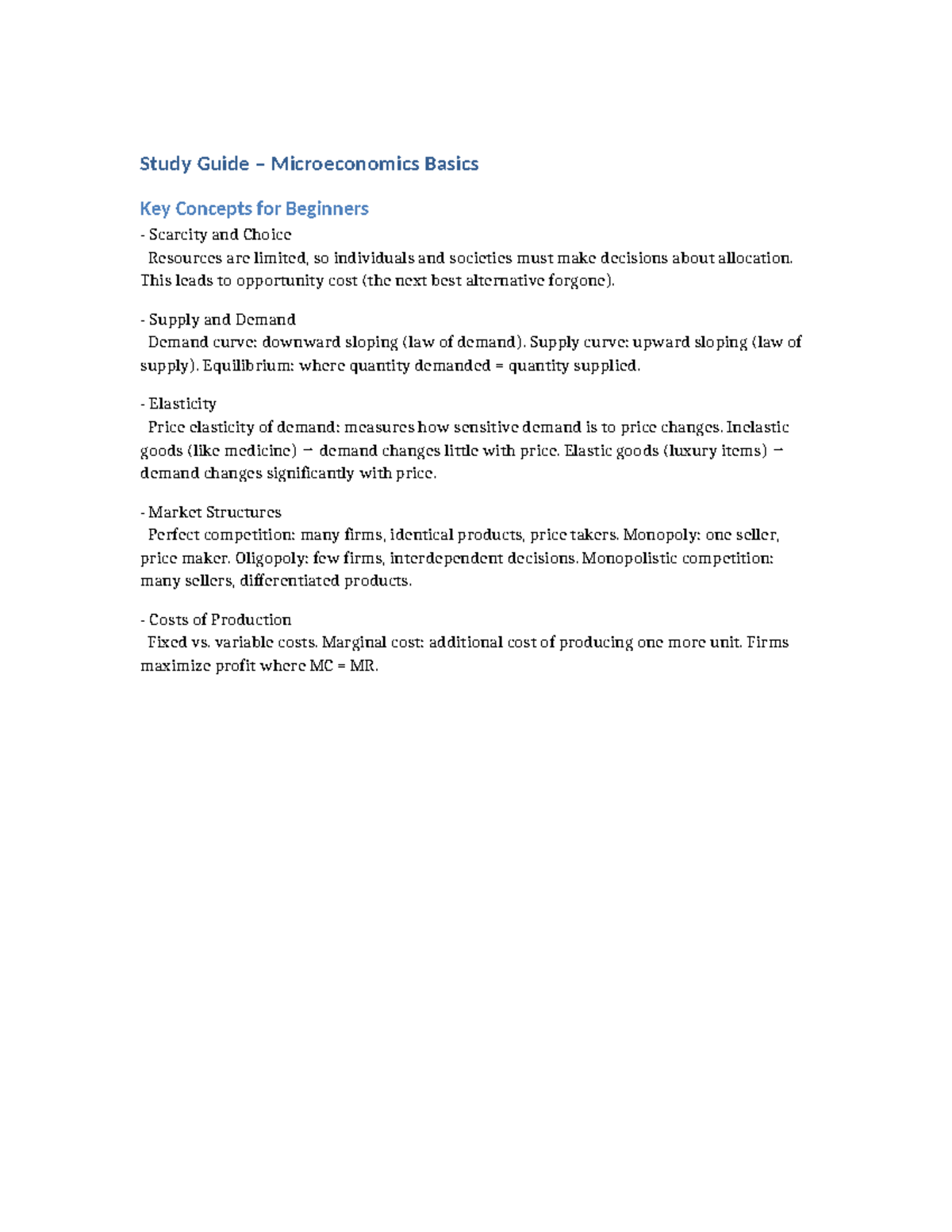 Microeconomics Study Guide: Key Concepts for Beginners - Studocu