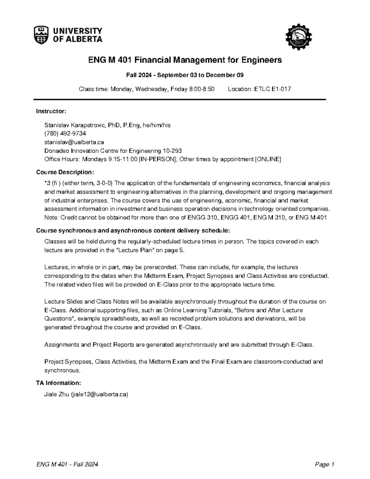 ENGM 401 A1 Fall 2024 Financial Management Course Outline - Studocu