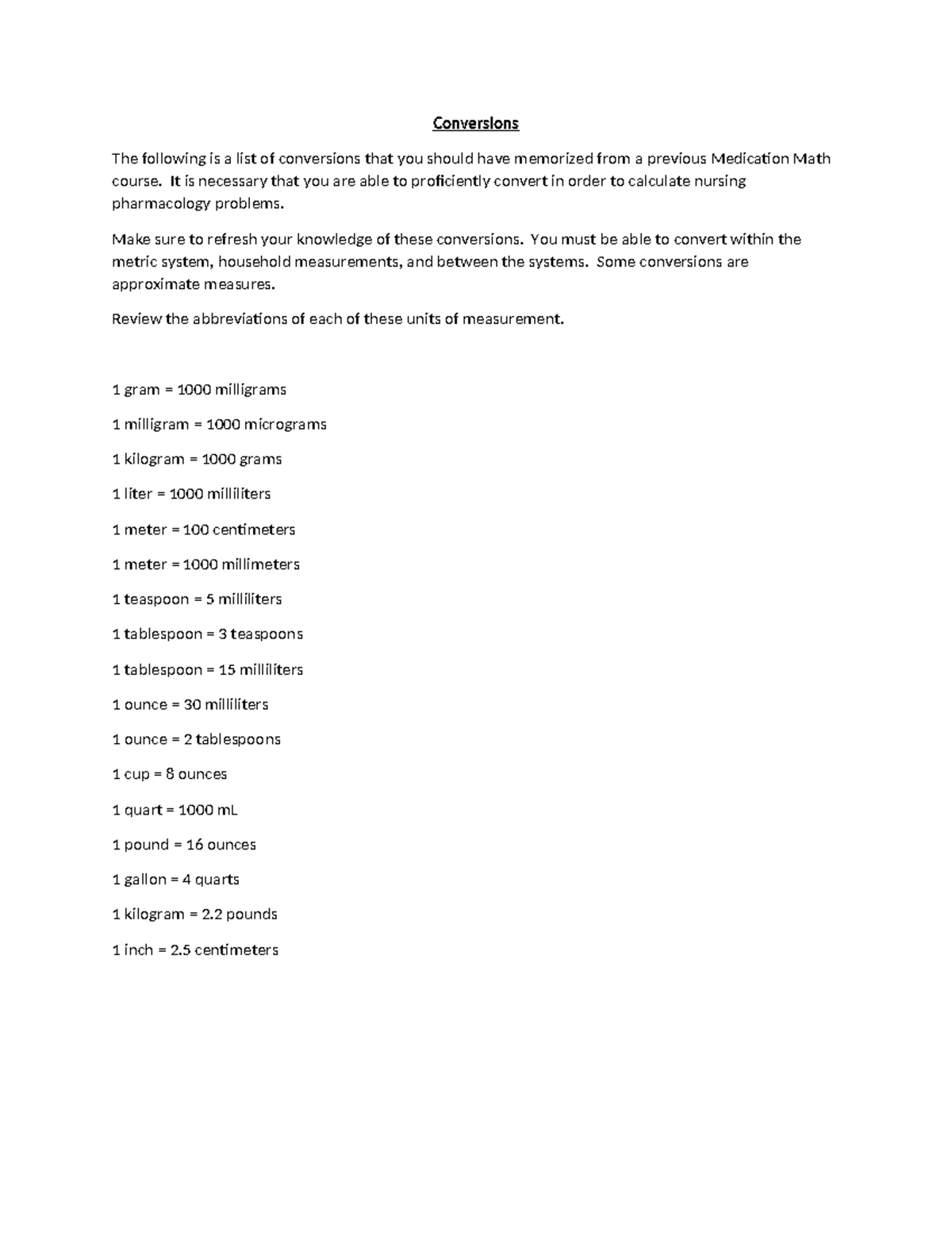 Medication Math Conversions: Essential Units for Nursing (NUR 101 ...
