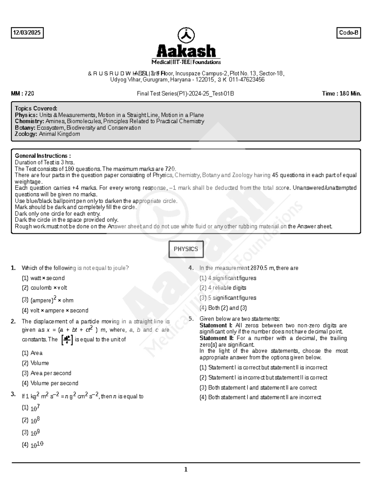 Final test FTS 01 B: Comprehensive review of physics, chemistry, botany ...