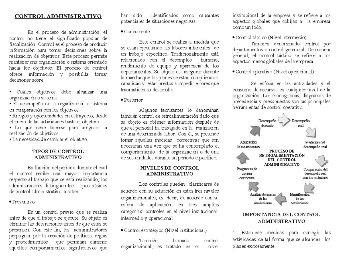 CONTROL ADMINISTRATIVO: Tipos y Niveles en el Proceso de Gestión - Studocu